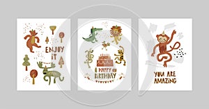 Cards or posters set with cute animals, crocodile, elk, bear, monkey, leopard, lion, dog in cartoon style