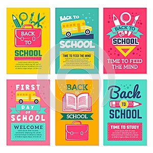 Cards with schools symbols. Back to school cards template isolate