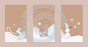 Cards set on craft background. Vector banner for phone screen, stories with simple snowman, lettering Happy new year