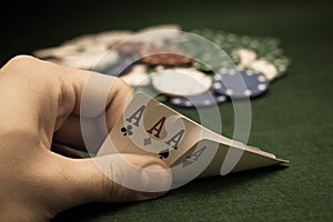 Cards and stack of poker chips