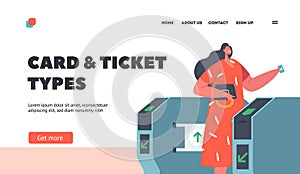 Cards and Ticket Types Landing Page Template. Metro Passengers Scanning Electronic Train Tickets at Turnstiles Entrance