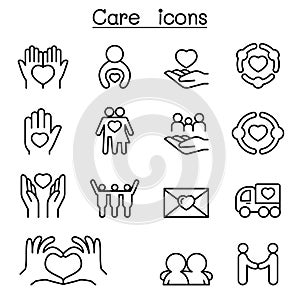 Care, Charity, Kindness icon set in thin line style