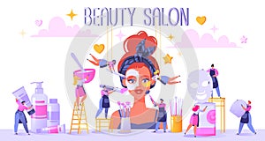 ÃÂ¡oncept of beauty salon and care cosmetics. Small flat people serve a client. photo