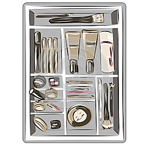 Care and decorative cosmetics, makeup brushes. Items can be swapped. Minimalism, neat storage. Store, advertisement. Vector isolat photo