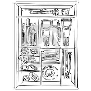 Care and decorative cosmetics, makeup brushes. Items can be swapped. Minimalism, neat storage. Store, advertisement. Vector isolat photo