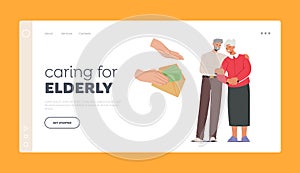 Care for Elderly Landing Page Template. Social Help, Governmental Assistance to Seniors Concept. Hand Give Money