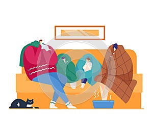 Care about flu fever at home, sick health, vector illustration. Ill family cartoon man woman have cold influenza