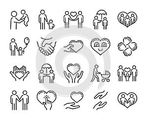 Care icon. Help and sympathy line icon set. Editable stroke.