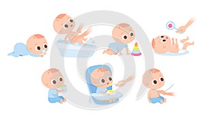 Care about infant baby. Set of baby characters