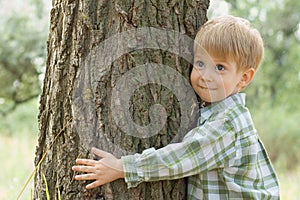 Care of nature - little boy embrace a tree