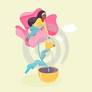Care for positive mindset and wellbeing, tiny young woman sitting inside growing flower