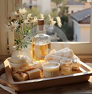 Care ritual: wooden tray with natural cosmetics in your bathroom