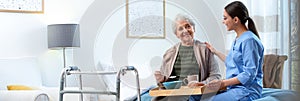 Care worker serving dinner for elderly woman on geriatric hospice. Banner