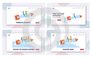 Career Boost, Start Up and Leadership Landing Page Template Set. Cheerful Business Team Flying on Rocket to Goal