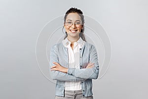 Career, business and education concept. Portrait of cheerful asian girl ready to start online lesson with students