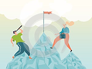 Career concept, growth progress and achievement business success as climbing mountain, vector illustration design