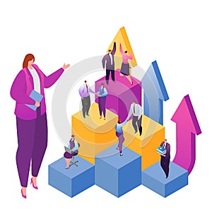 Career development or career ladder in business flat vector illustration. Businesspeople move up, growth, success and