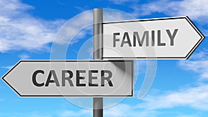 Career and family as a choice - pictured as words Career, family on road signs to show that when a person makes decision he can