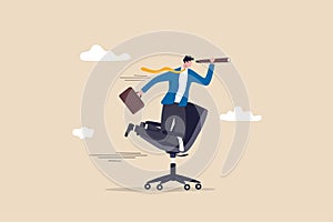 Career future, new job opportunity or visionary to success in work concept, businessman riding office chair using telescope to see