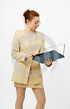 Career girl in glasses with folders