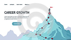 Career growth landing page. Process journey to success. Climbing to the top of mountains. Vector flat modern