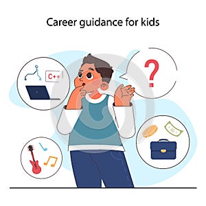 Career guidance for children. Little boy trying to choose a future
