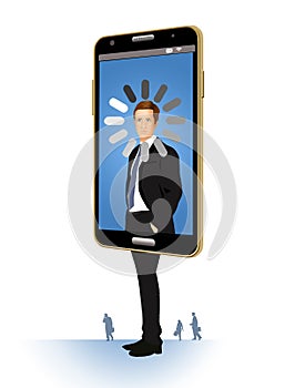 A career that has stalled and going nowhere is illustrated here. A man inside a cellphone has a spinning wheel icon around his