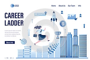 Career ladder landing page template. Woman employee or office clerk running on ascending diagram or stairs