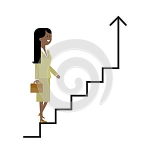 Career ladder, a woman climbs the stairs, a businesswoman, a successful career. Vector, material flat