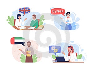 Career in linguistics 2D vector isolated illustration set