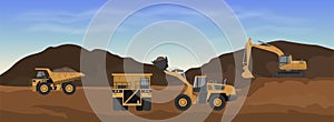 Career machinery. Wheel loader, excavator and dumper in mine. Industrial landscape. Earth work panorama