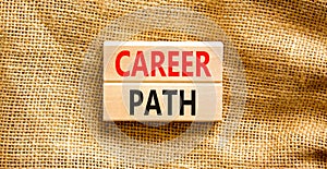 Career path symbol. Concept words Career path on wooden blocks on a beautiful canvas table canvas background. Businessman hand.