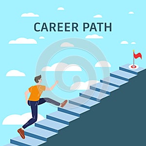 Career Path Young man running up stairway to target. Cuccessful choice employeeman move up path success. Vector