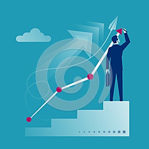 Career planning. Businessman draws graph of growth standing at stairs steps