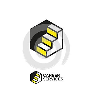 Career services logo. Human resources management. Stairs up on hexagon, success and winner.