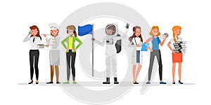 Career staff character vector design include janitor, businessman, gamer, fitness trainer, astronaut and doctor.