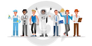 Career staff character vector design include janitor, businessman, gamer, fitness trainer, astronaut and doctor