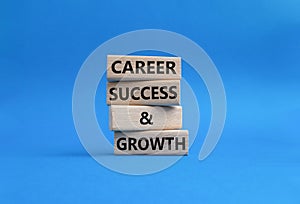 Career success and growth symbol. Wooden blocks with words Career success and growth. Beautiful blue background. Business and