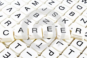 Career text word crossword. Alphabet letter blocks game texture background. White alphabetical cubes blocks letters on
