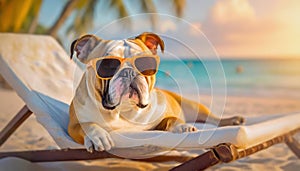 Carefree bulldog wearing sunglasses laying like a boss on the sunbed at tropical beach. Summer holiday for pets with a dog resting