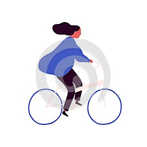 Carefree cartoon woman bicyclist with waving hair vector flat illustration. Active female enjoy healthy lifestyle