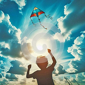 Unbridled joy and carefree spirit, a kid playing kite photo