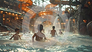 Carefree children swimming in an indoor water park. joyful atmosphere, leisure activity. holiday fun for kids. family