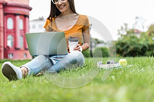 Carefree female student typing on notebook on grass