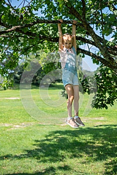 A carefree girl happily dangles from a tree branch, embodying childhood innocence and the spirit of summer adventure. photo