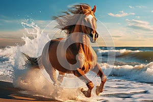 Carefree Horse galloping seaside. Generate Ai