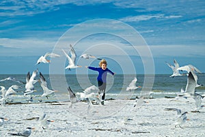 Carefree kid running, chasing birds. Child chasing birds near summer beach. Excited boy running on the beach with flying