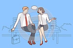 Carefree man and woman sitting on park bench and talking telling stories from work. Vector image