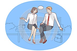 Carefree man and woman sitting on park bench and talking telling stories from work. Vector image