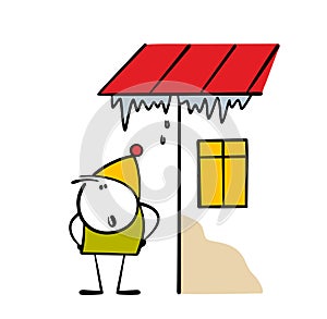 Carefree stickman in winter clothes is standing in a dangerous place. Vector illustration of an icicle falling on your